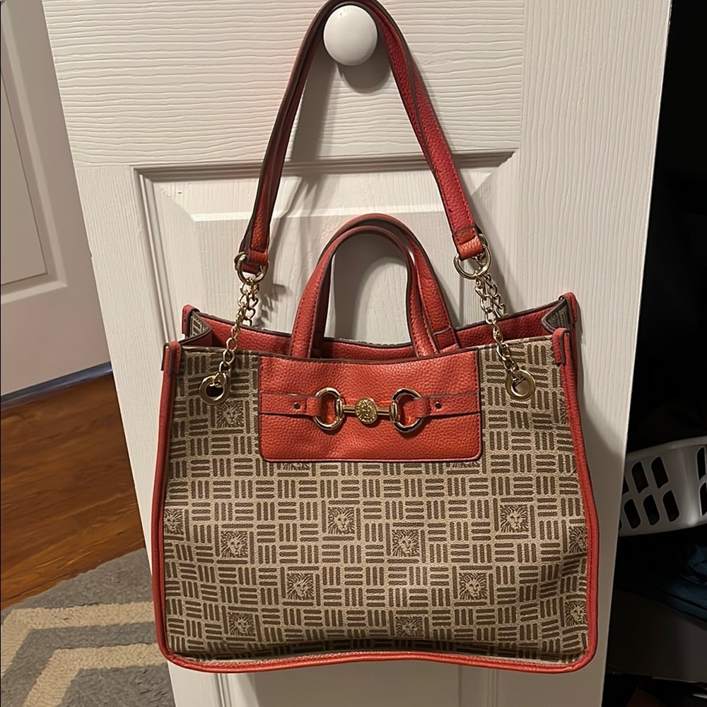 Designer Red and Tan Patterned Tote Bag